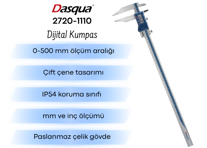 Dasqua 2710-1110 Uzun Çift Çeneli Dijital Kumpas 0-500 mm Özellikleri